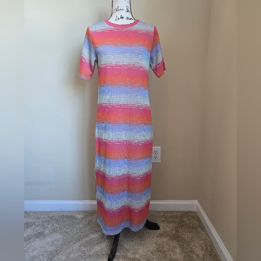 Ichi Long Dress Womens L Ribknit Short Sleeve Stripe